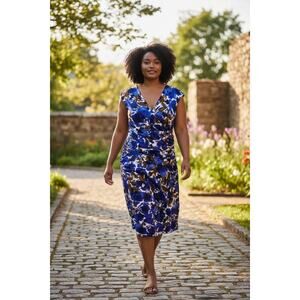 Lauren Ralph Lauren Floral Ruched Sheath Dress - Blue & Brown - Size 16